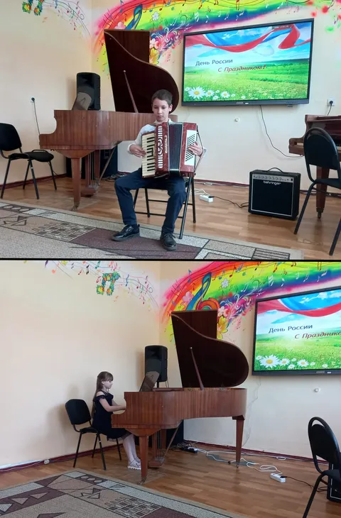 Коллаж: аккордеон и выступления на сцене